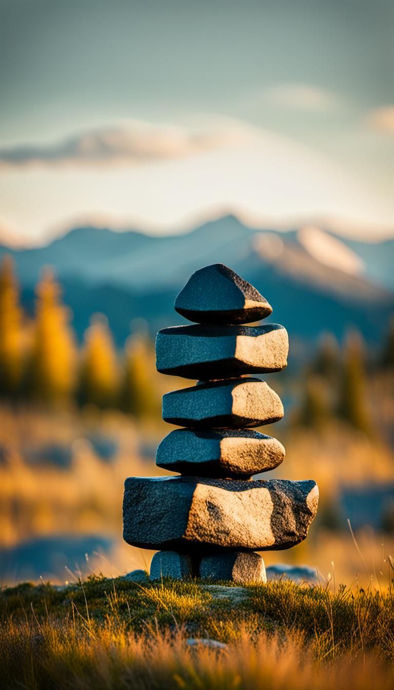Inuksuk on Grassy Plain in Golden Hour Light