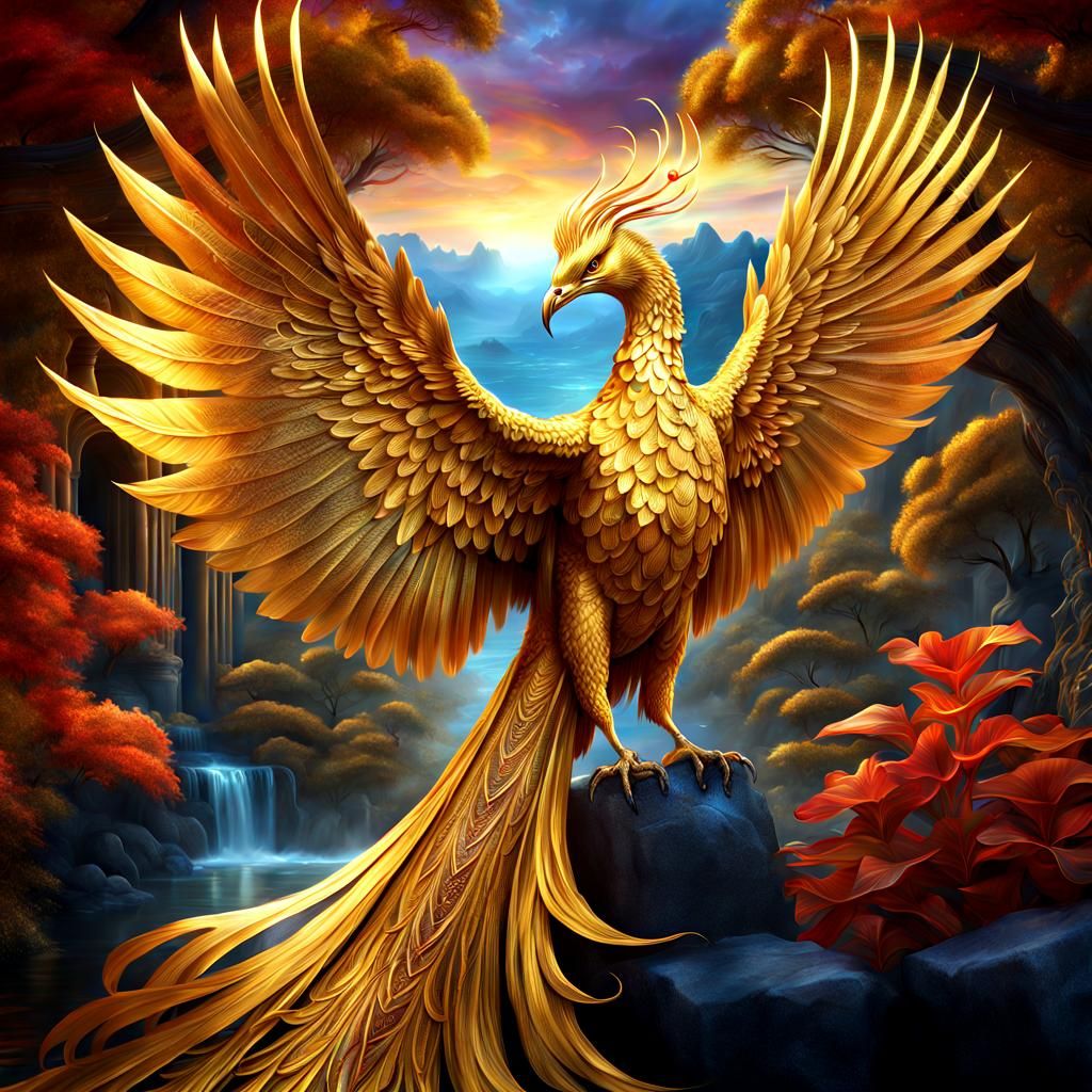 Golden Phoenix in Fantasy Landscape: Digital Painting