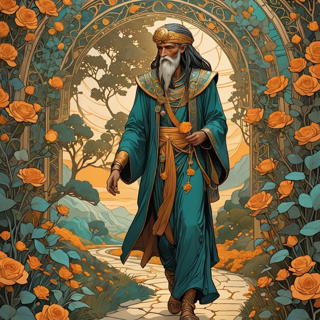 Thoth Walks Among Golden Roses in Art Nouveau Style