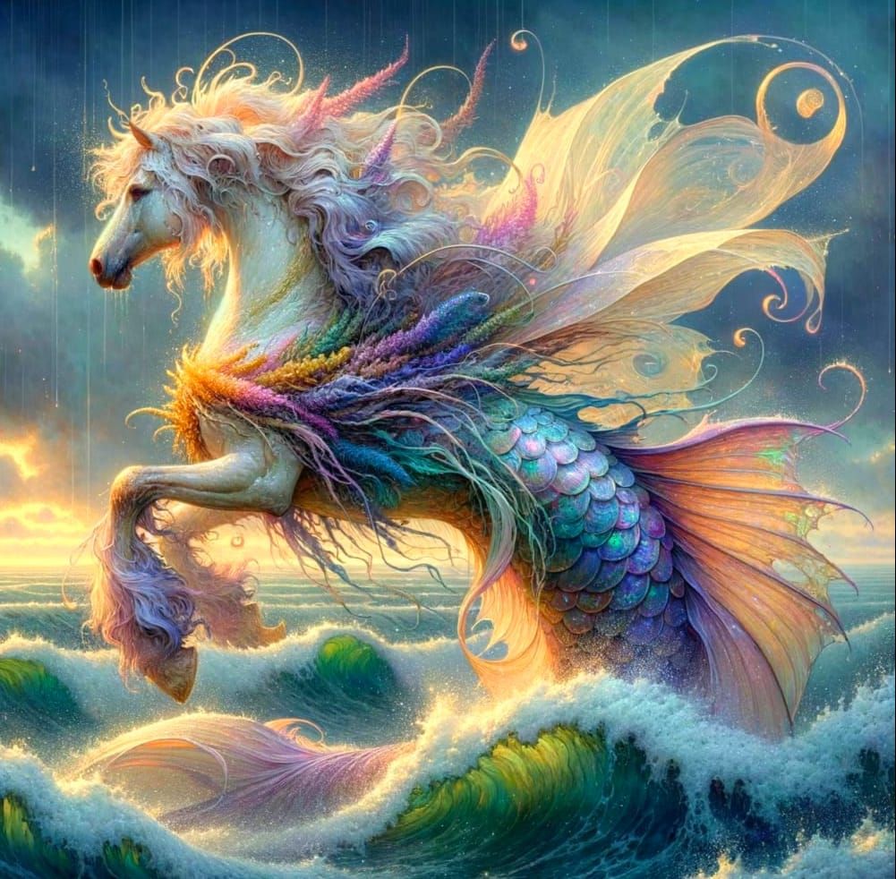 Ethereal Merhorse Elegantly Glides Through Foamy Waves in Da...