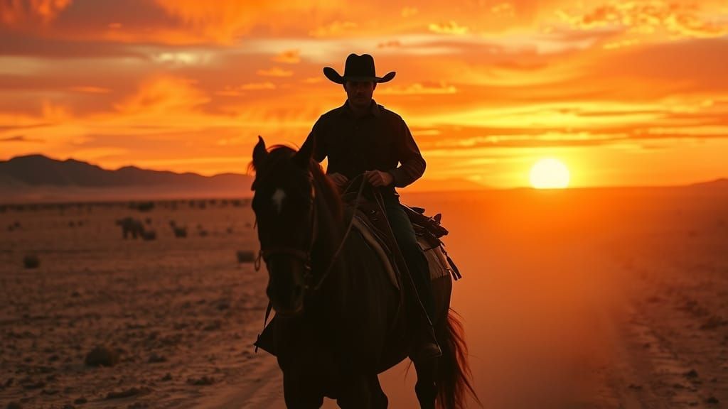 Lone Cowboy Rides Through Dusty Sunset Desert