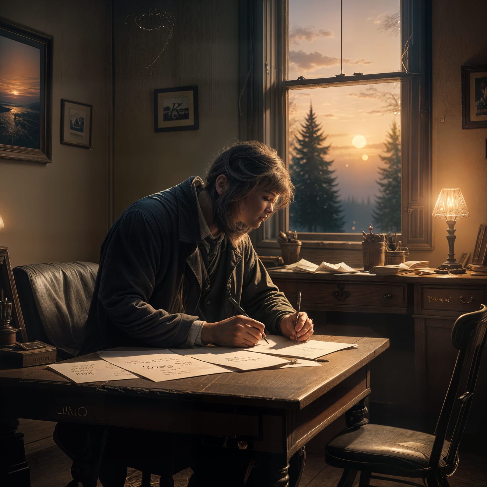 Solitary Figure Writes Letter at Dawn, Digital Painting