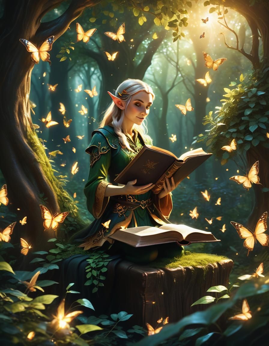 Enchanted Elf Reads in Forest with Glowing Butterflies