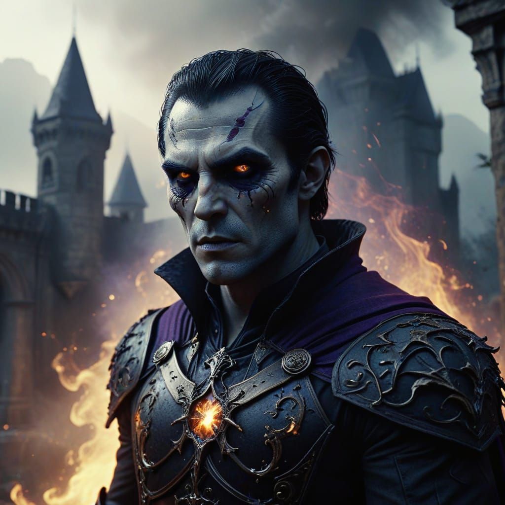 Vampire in Smoke-Filled Battlefield: Digital Art