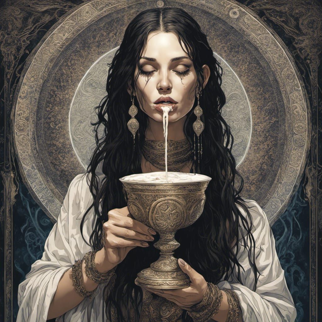 Woman Drinking Cream from Goblet in Horror Style