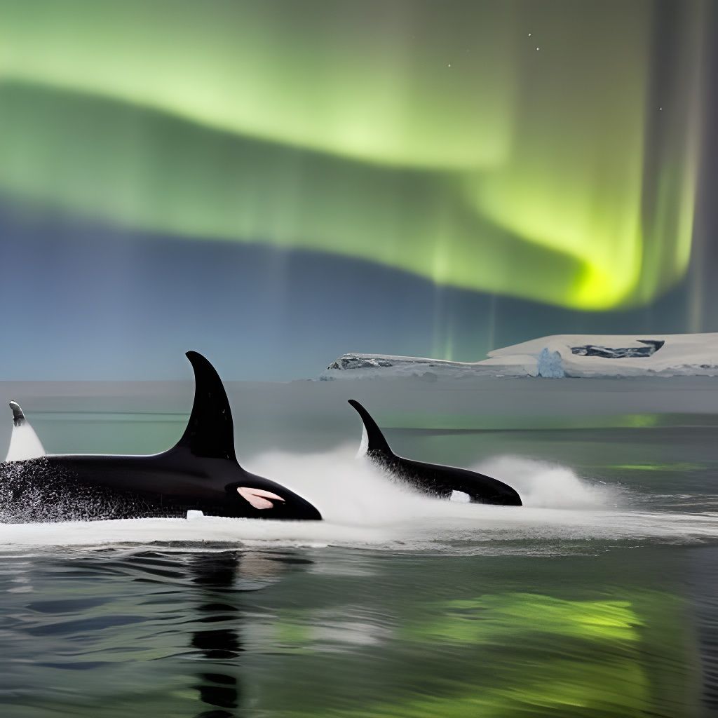 Orcas Under the Aurora Australis, Antarctic Scene