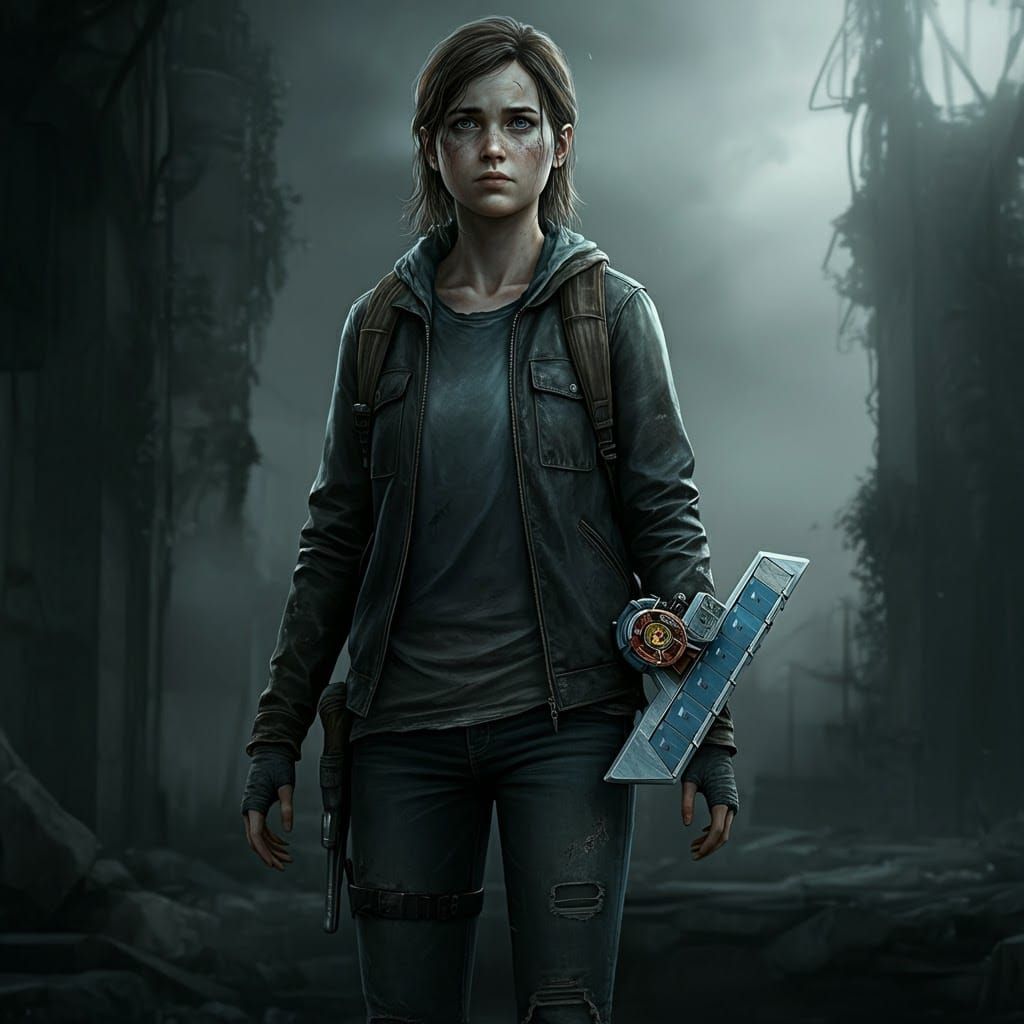 Ellie Williams with Yu-Gi-Oh! Duel Disk