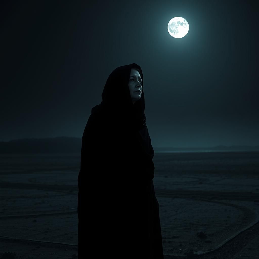 Melancholy Figure Radiates Resilience in Moonlit Landscape