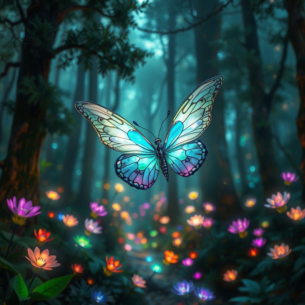 Ethereal Stained Glass Winged Fantasy Butterfly in a Vibrant...