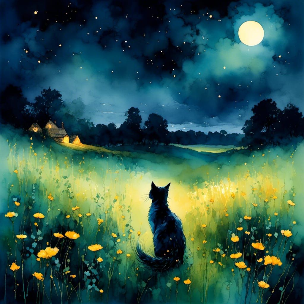 Calico Cat Stargazing: A Fantastical Digital Painting
