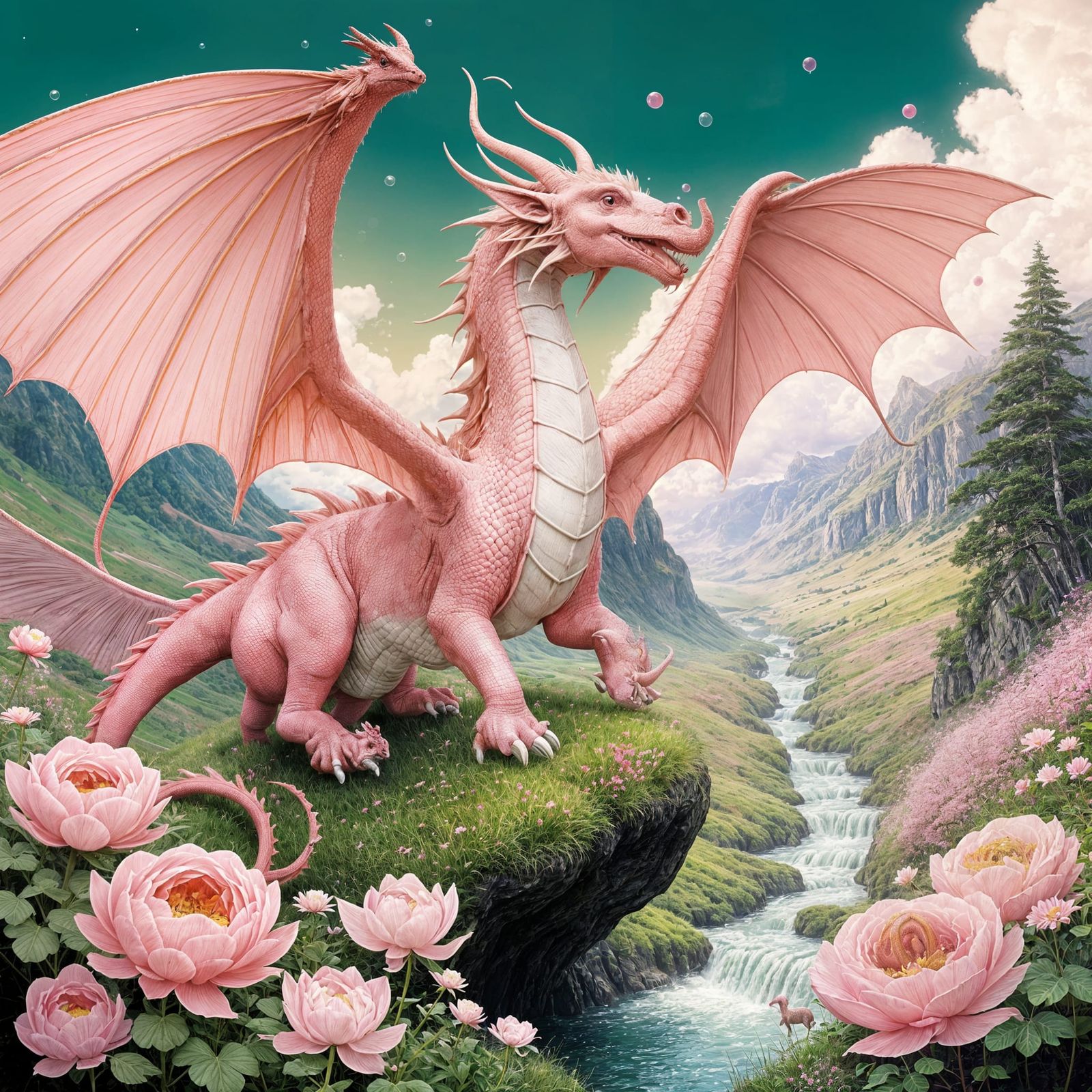 Majestic Pink Dragon Soars Through Cloudy Skies in Whimsical...