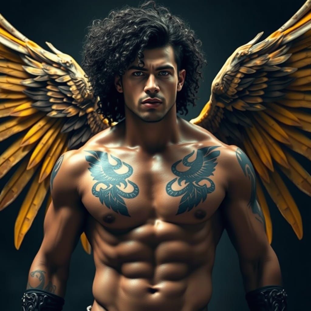 Muscular Arena Reaper with Back Tattoos of Wings