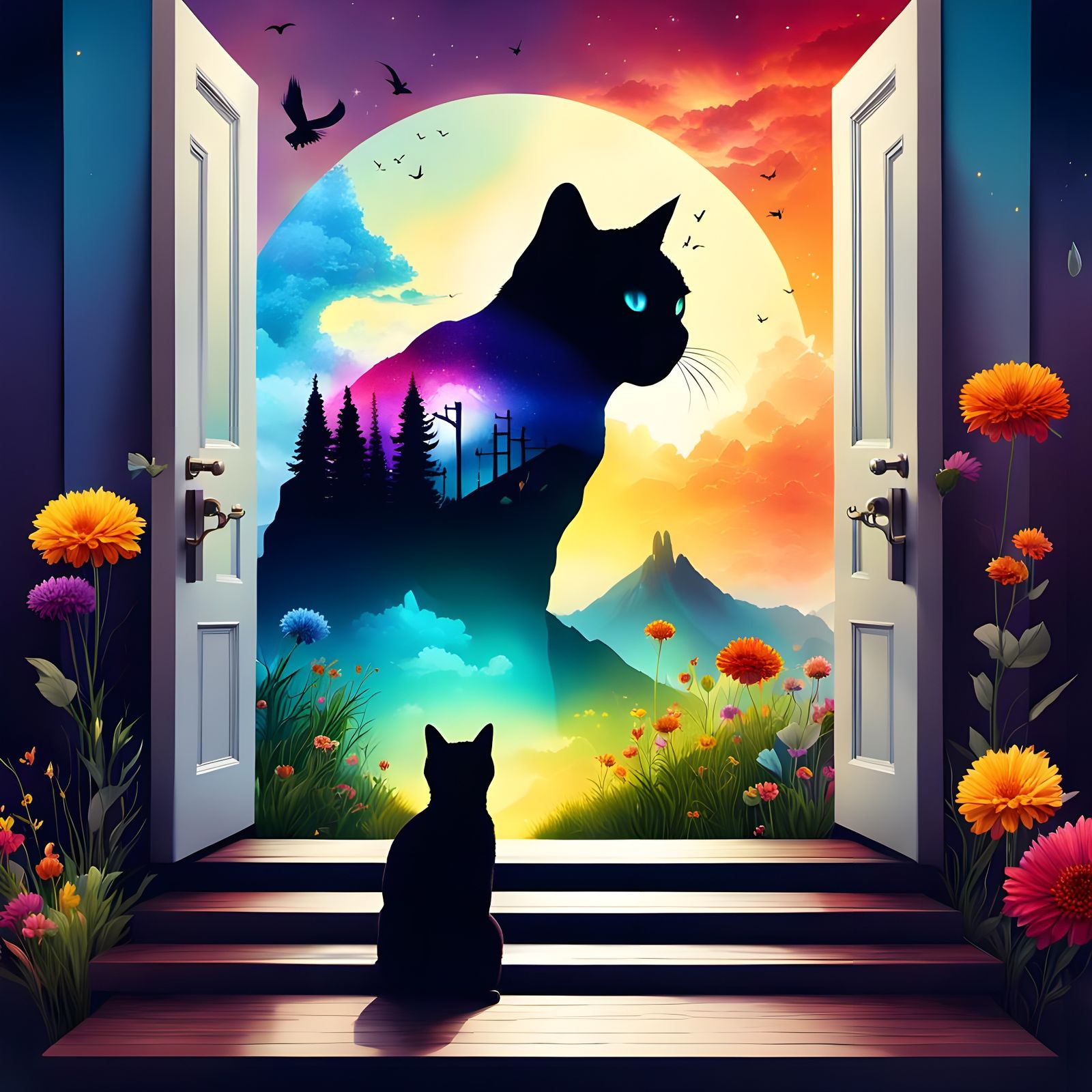 Rainbow Cat Ascends to Future City Doorway