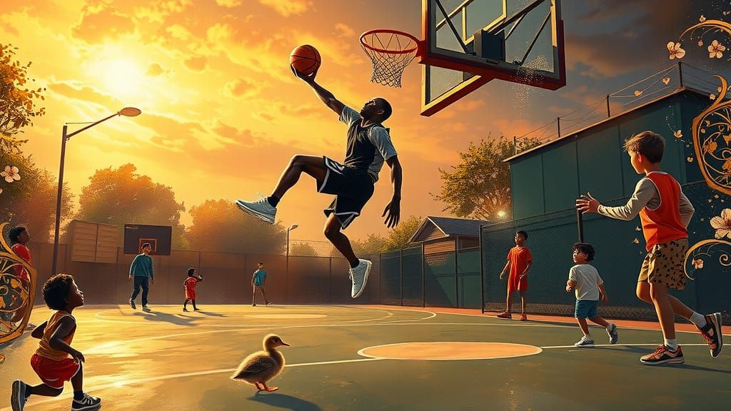 Mid-Air Slam Dunk in Surrealist Style