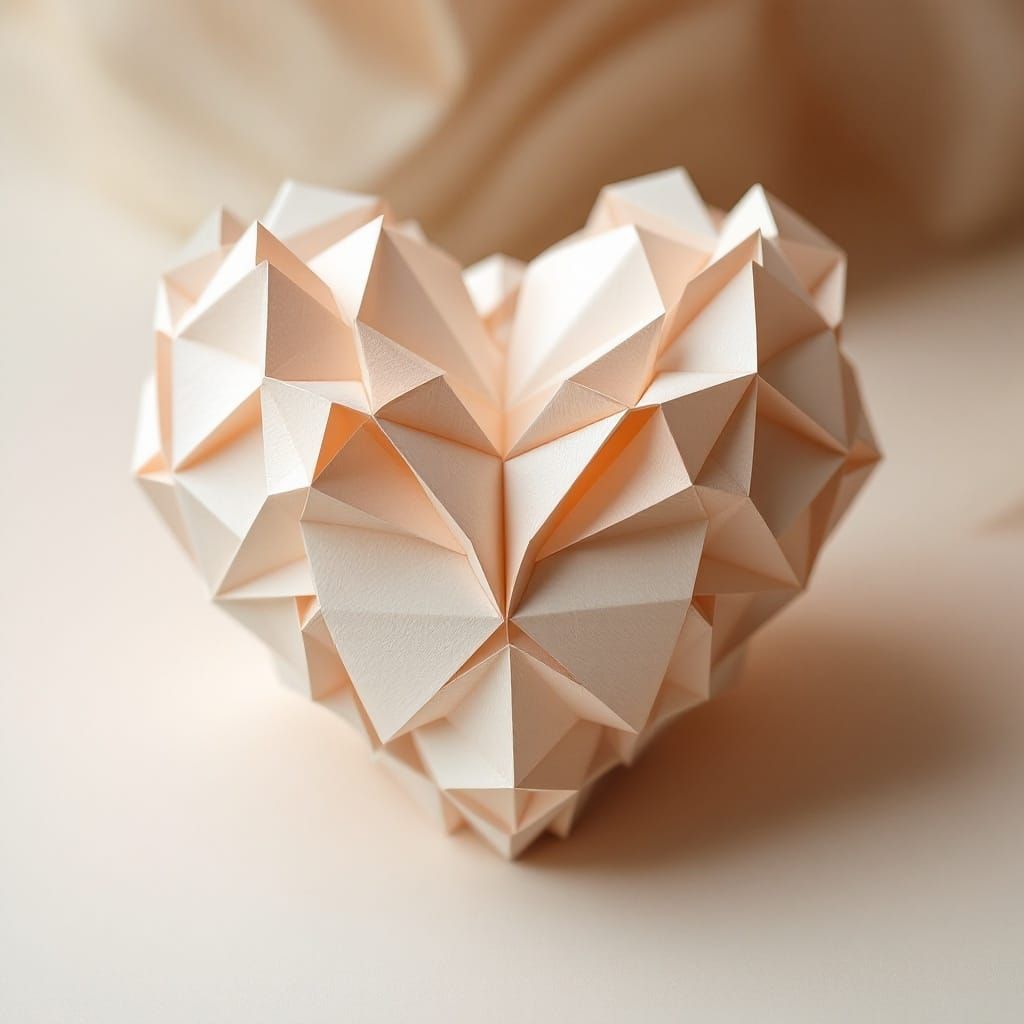 Intricate Origami Heart Paper Sculpture in Soft Light