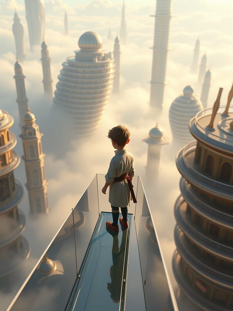 Animated Boy in Floating City Above Mist