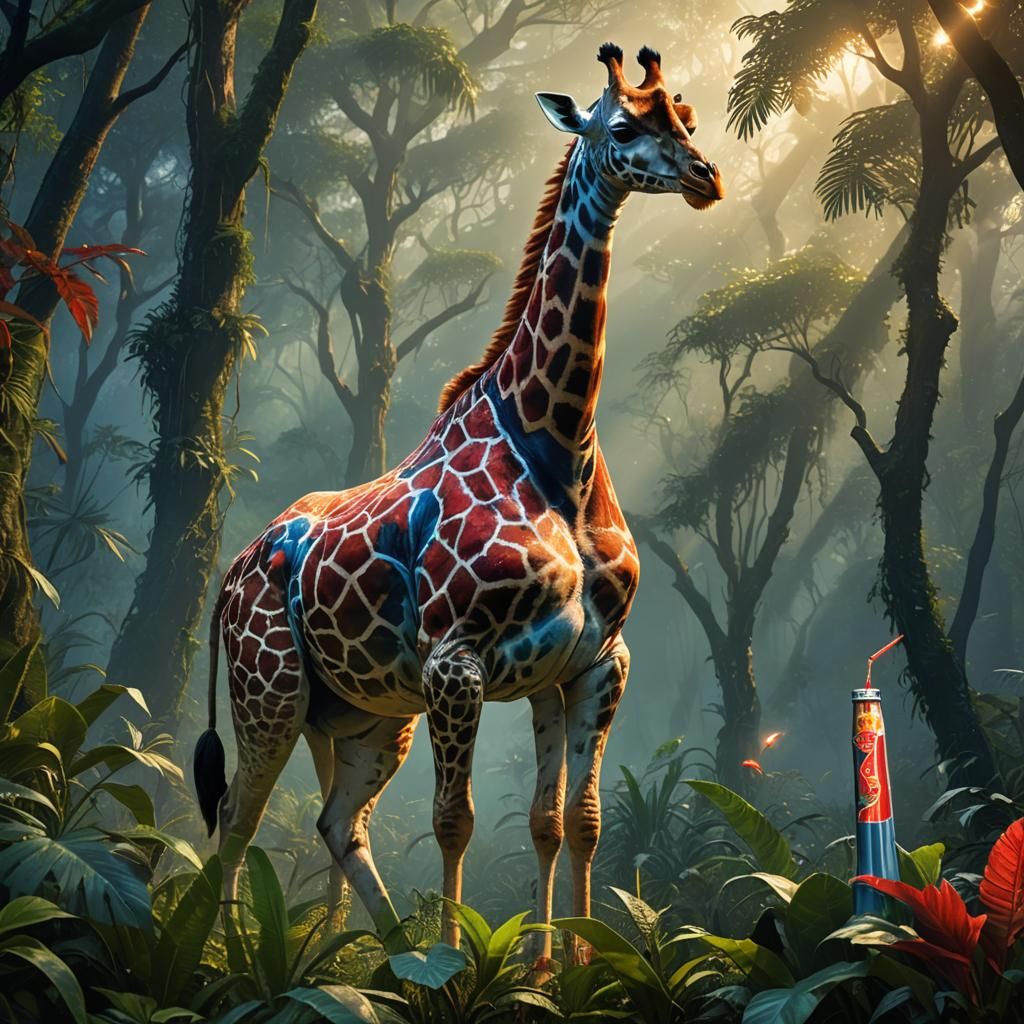 Giraffe Drinks Red Bull with Iridescent Wings