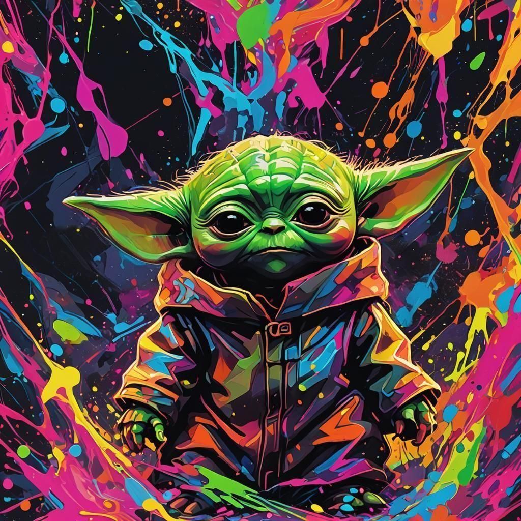 An image of BABY Yoda, highlighted in Neon vibrant colors