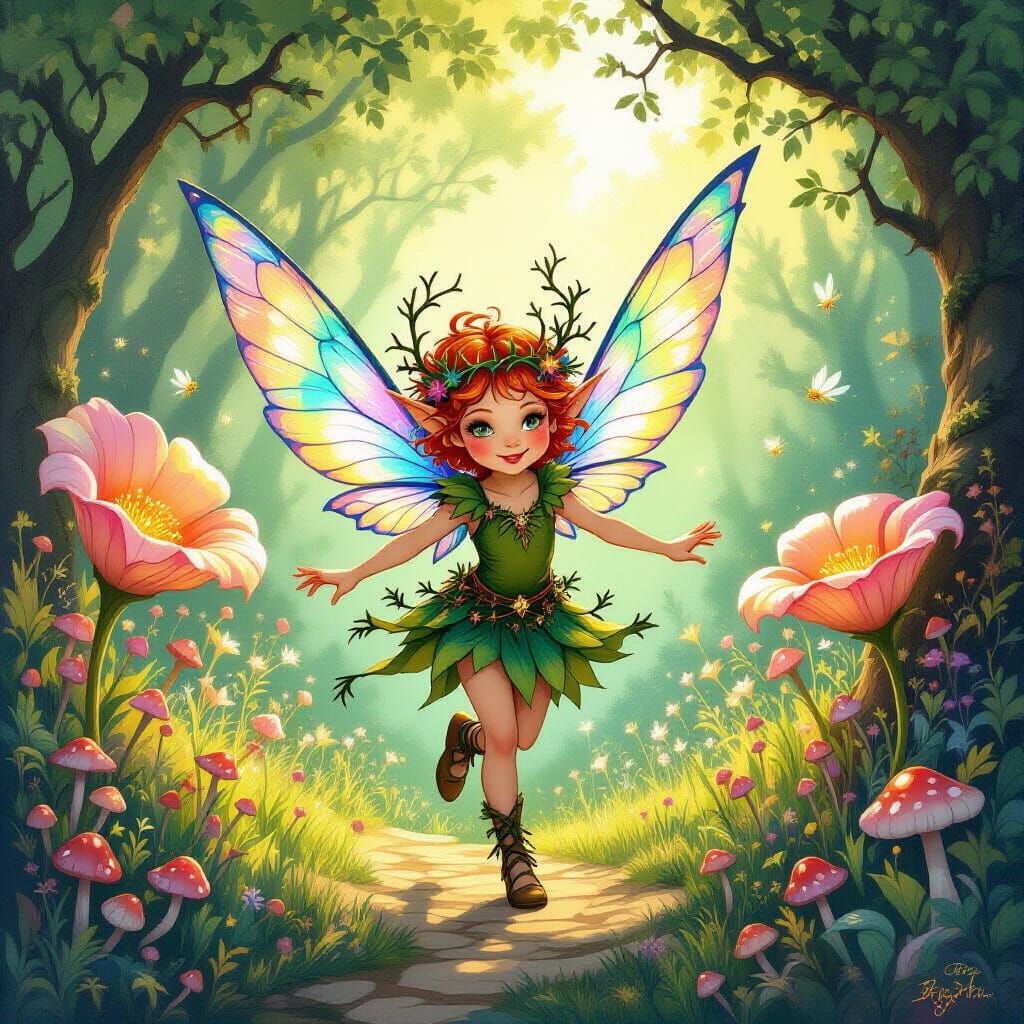Whimsical Imp with Iridescent Wings in Magical Glade