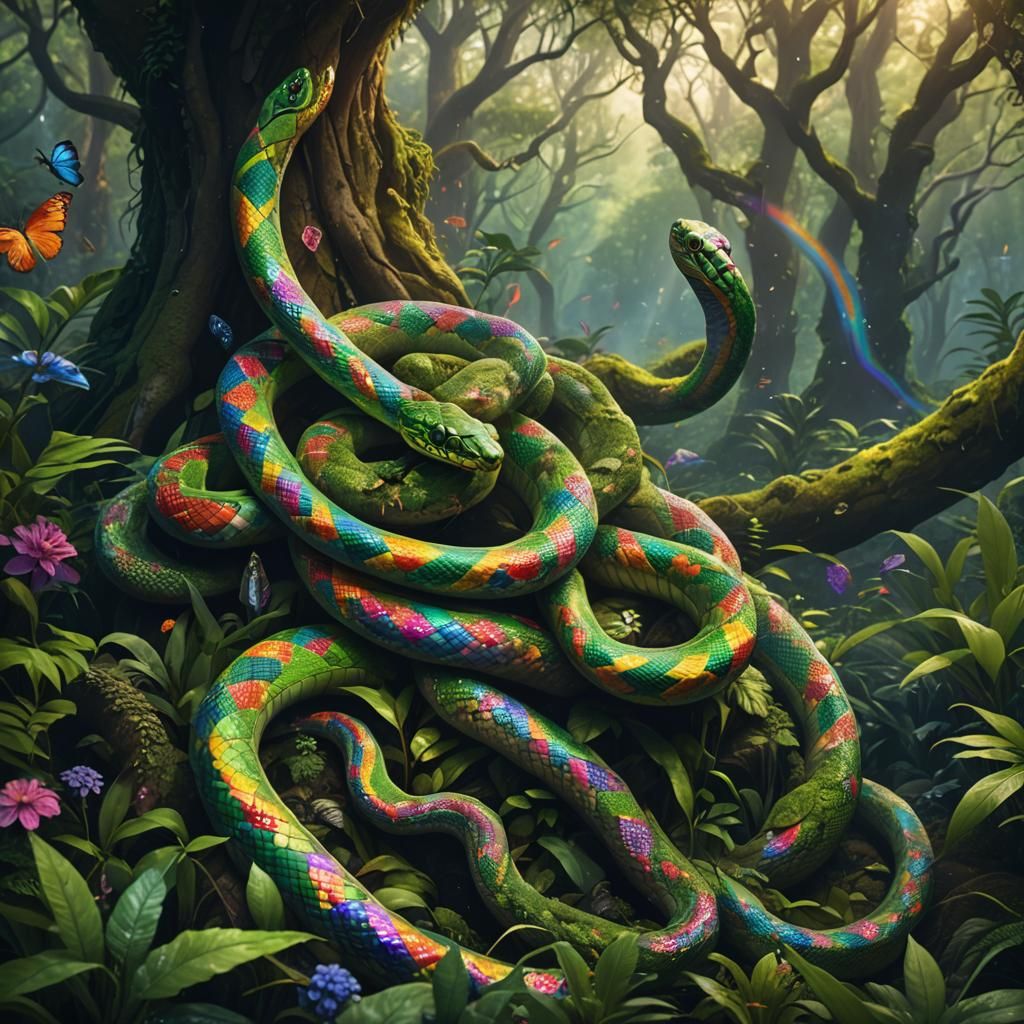 Rainbow Serpent in Emerald Forest: Fantasy Art