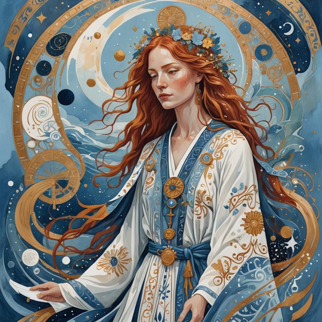 Mystical Aquarius Woman in Folk Art Style