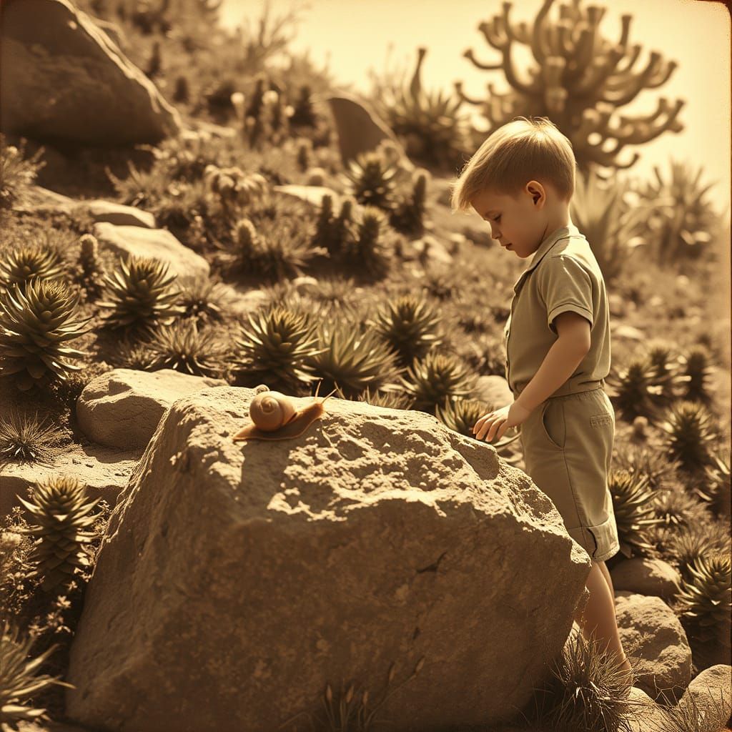 Boy Observes Snail in 1930s Sepia Photograph