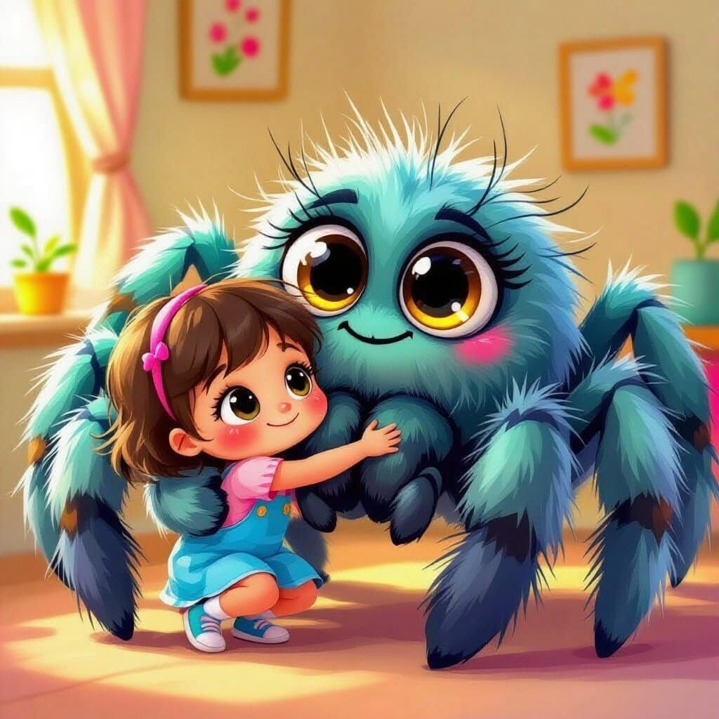 Girl Hugs Giant Blue Spider in Vibrant Illustration
