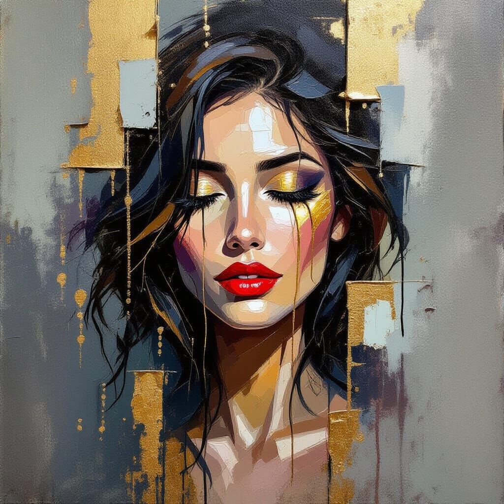 Abstract Oil Portrait of Woman in Gray and Gold Pigment Stor...