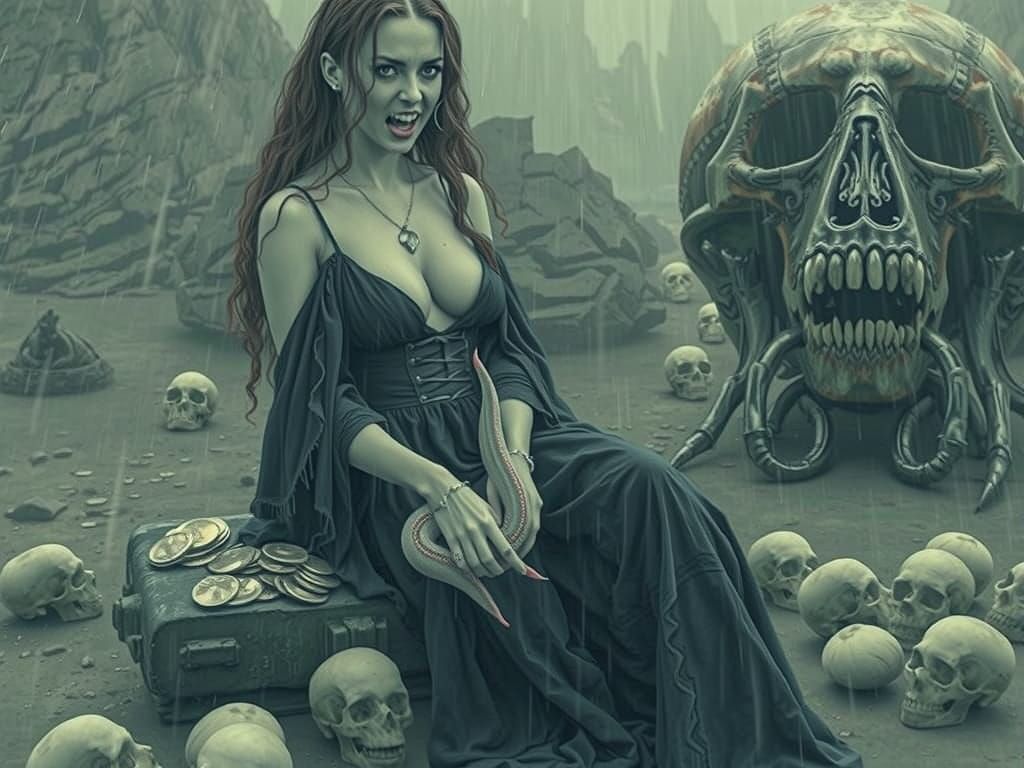 Sinister Woman With Pink Eel in Dramatic Rainy Landscape