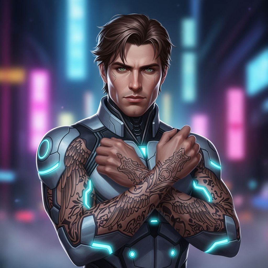 Futuristic Man with Angel Tattoos in Neon Cityscape