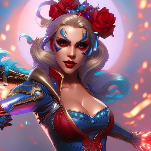 Harley Quinn Portrait with Glitter and Flowers