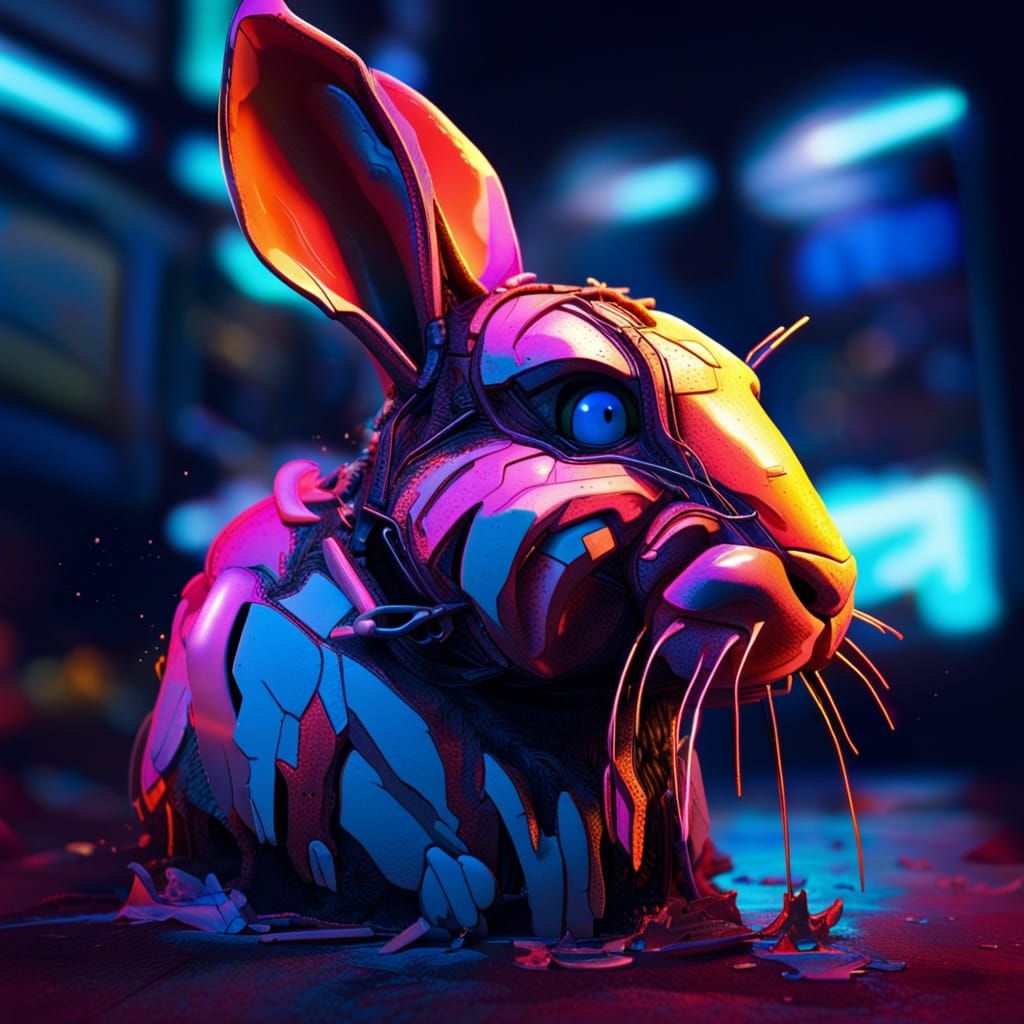 Neon Rabbit in Broken Pot: Hyperrealistic Splash Art
