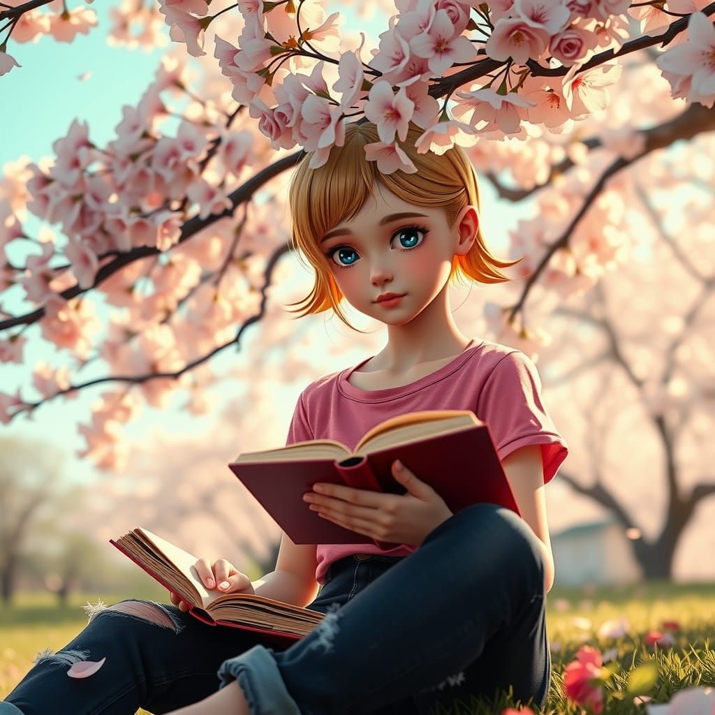 Girl Reading Under Cherry Blossom Tree, Matte Painting