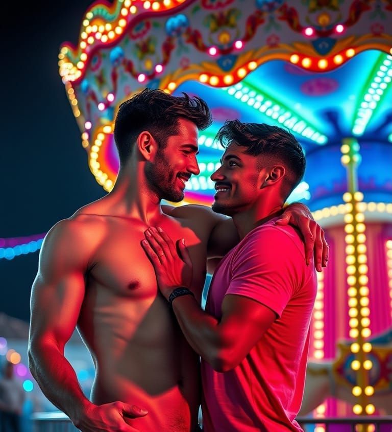 Gay Lovers Share Tender Moment at Vibrant Carnival
