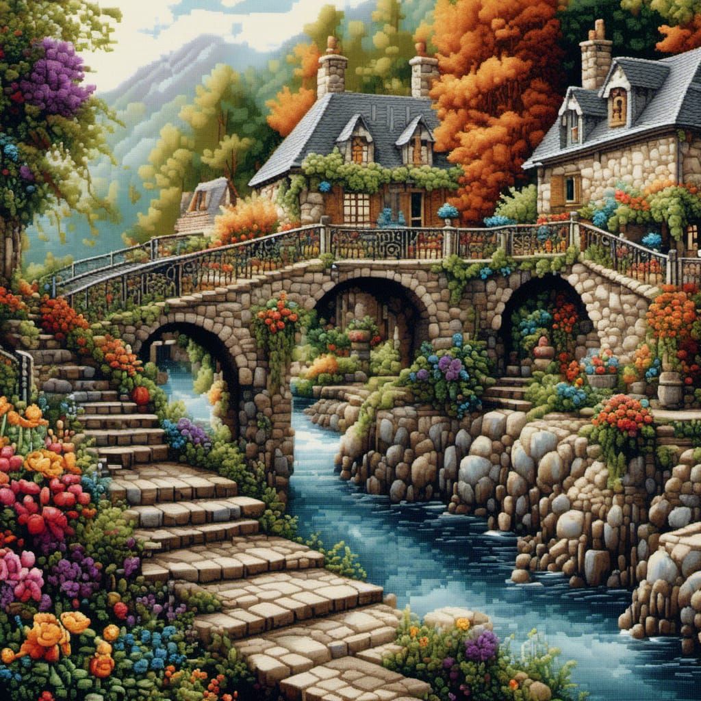 Stunning Cross Stitch Cobblestone Bridge in Hyperrealism