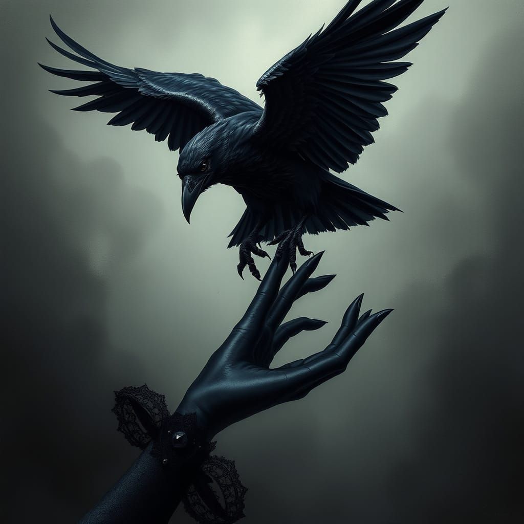 Majestic Raven Descends on Elegant Hand in Dark Fantasy Scen...