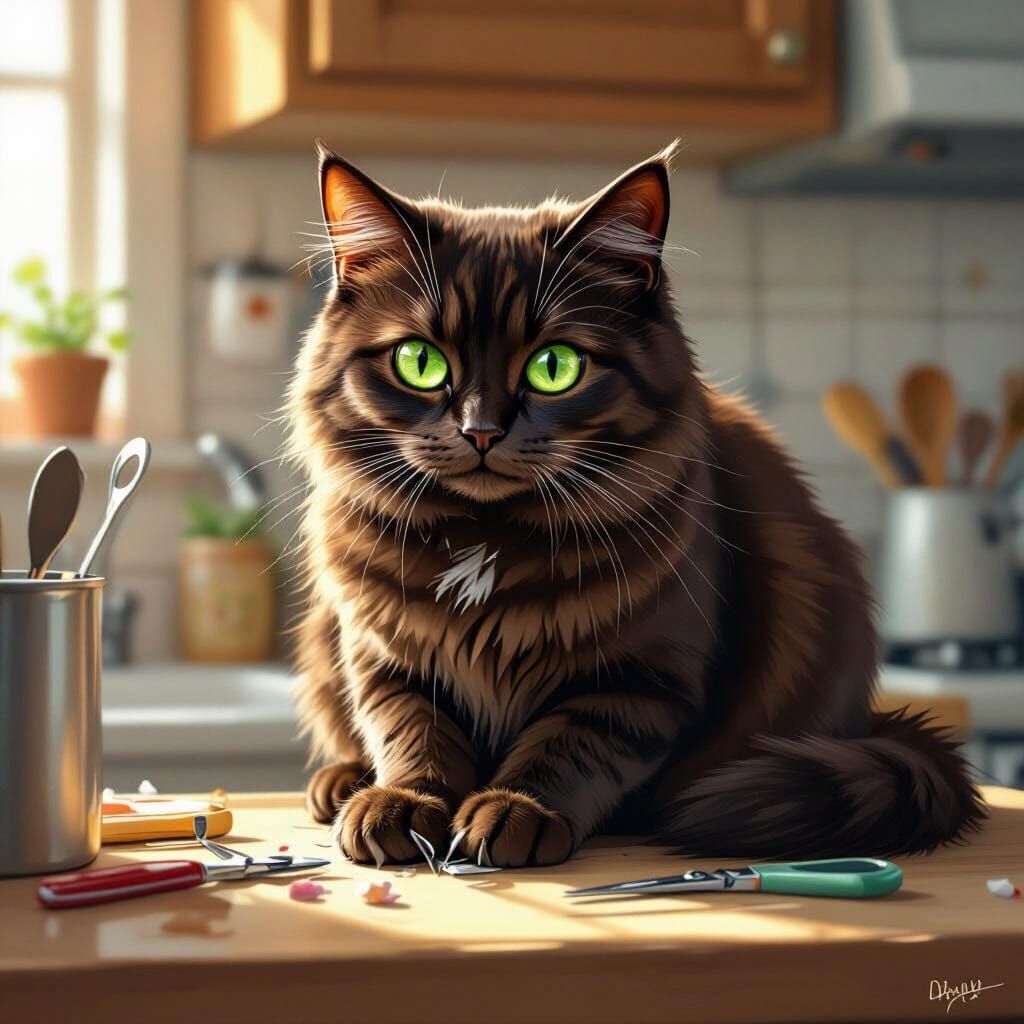 Brown Cat Getting Nails Clipped in Cozy Kitchen