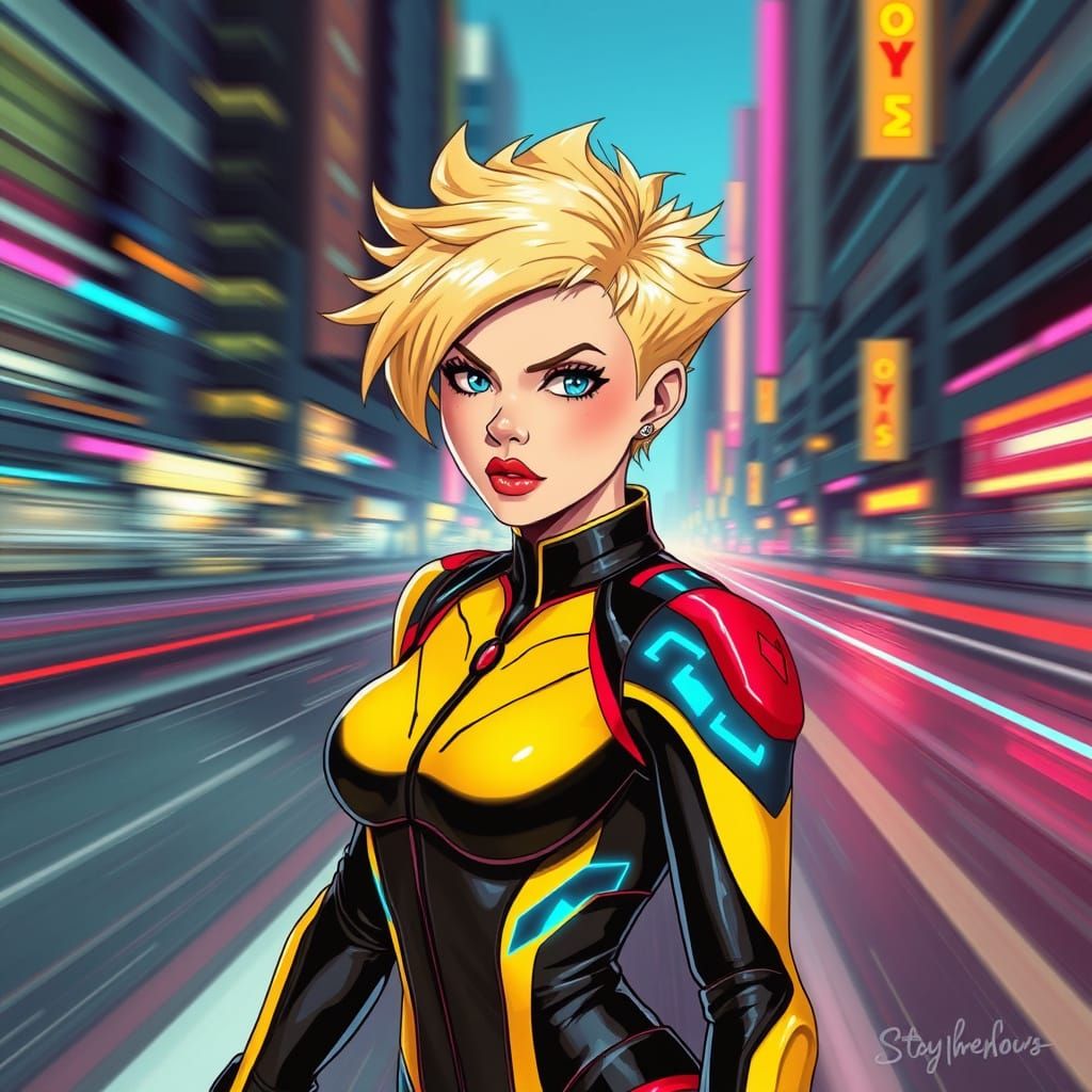 Futuristic Female Speedster in Bold Yellow and Red Suit