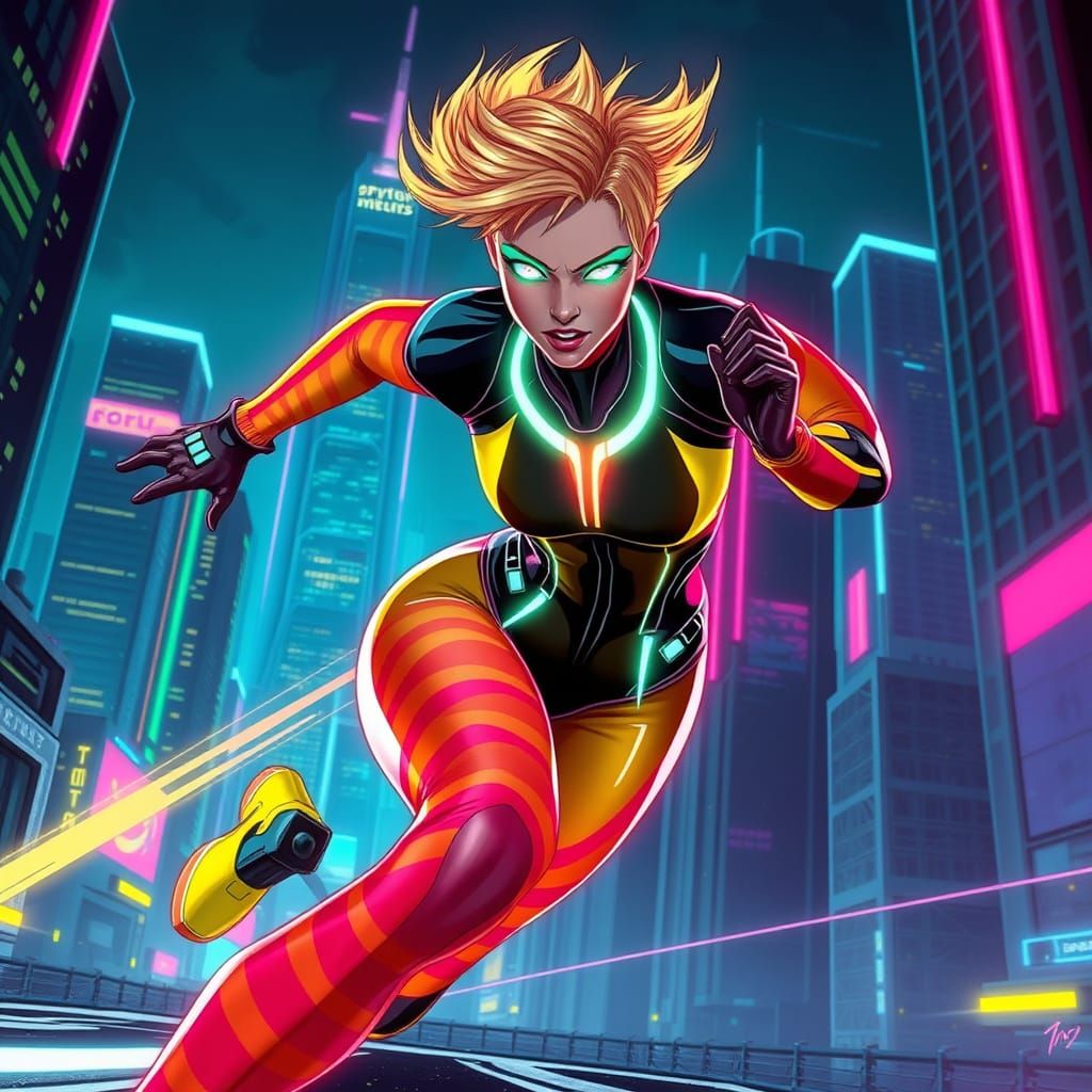 Speedster in Cyberpunk Cityscape with Neon Lights