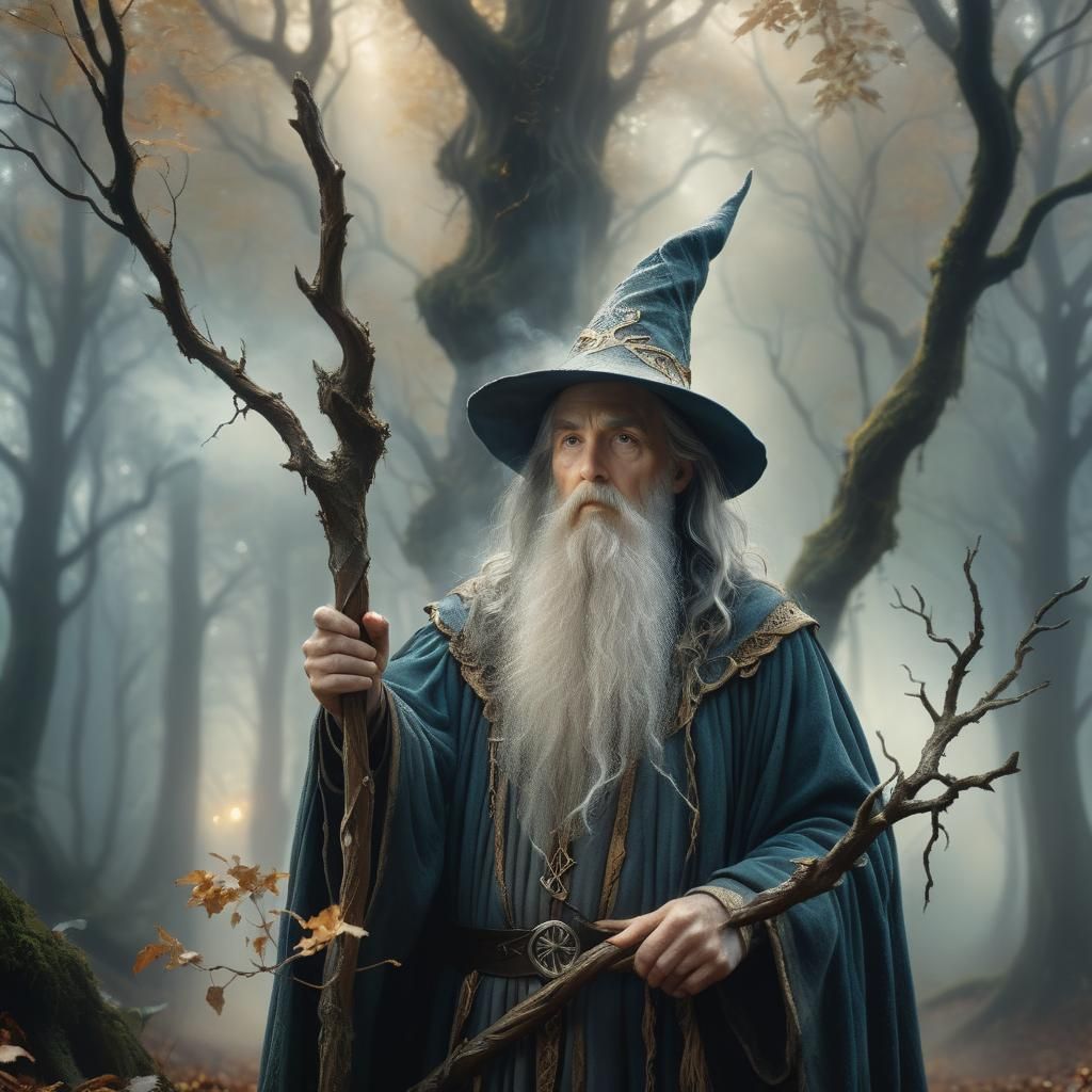 Wizard Practicing Magic in Misty Forest as Oil Painting