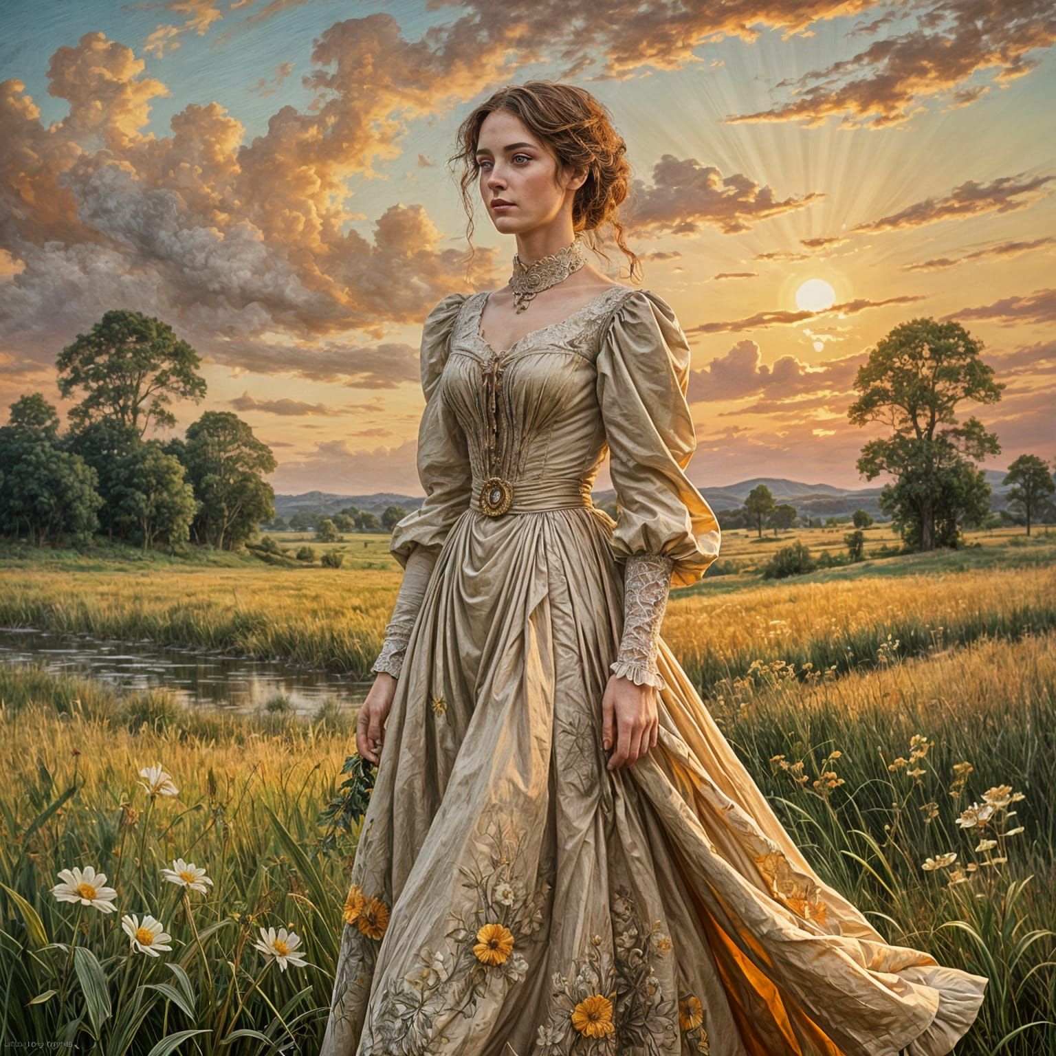 Victorian Lady at Sunset in Pre-Raphaelite Style