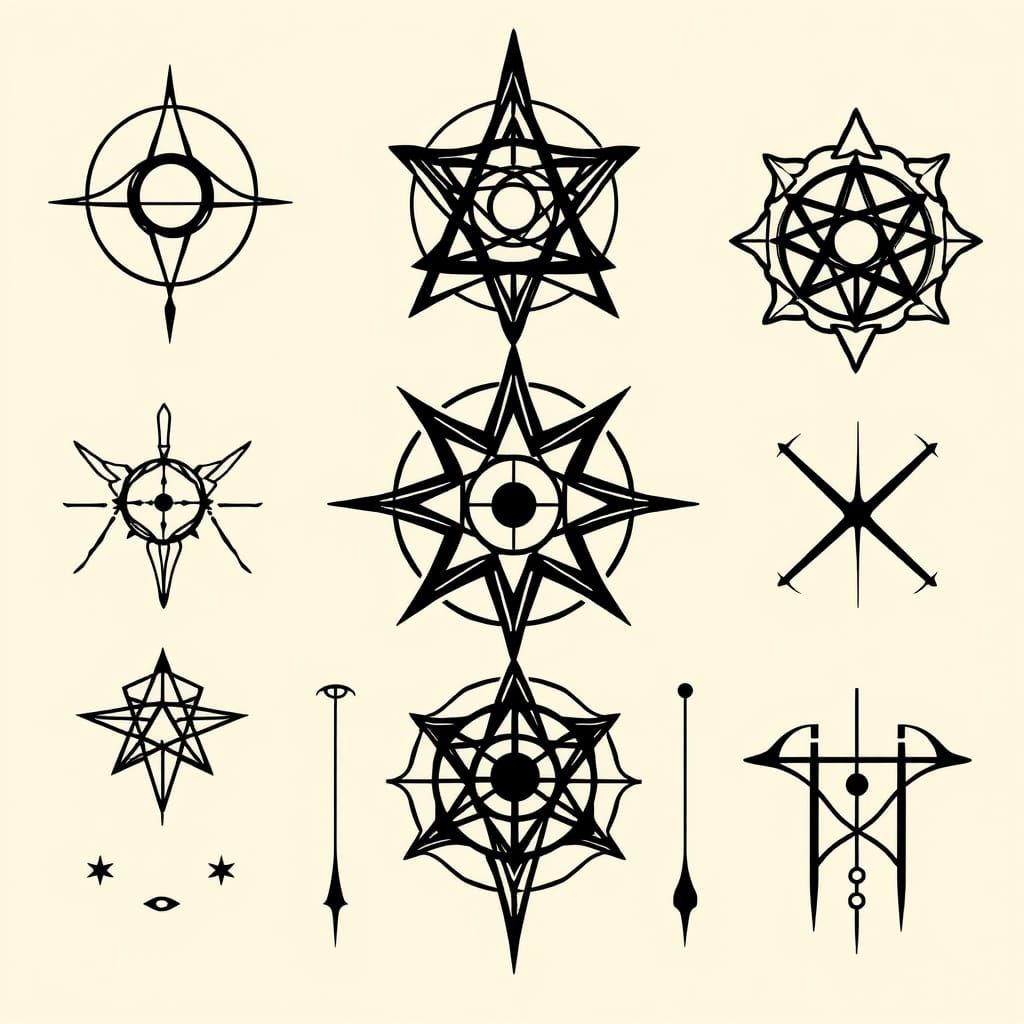 Minimalist Tattoo Sheet of Magical Symbols in Geometric Styl...