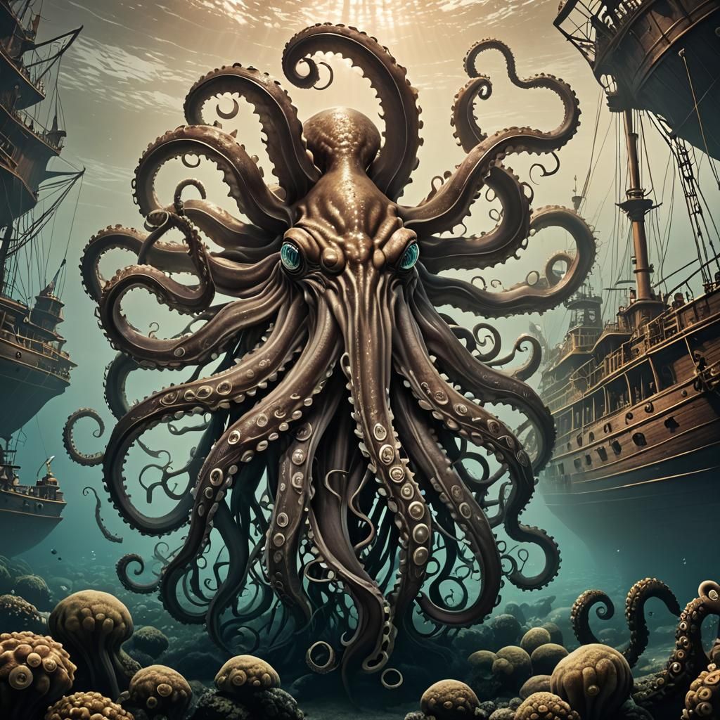 Steampunk Octopus and Sunken Ship Underwater