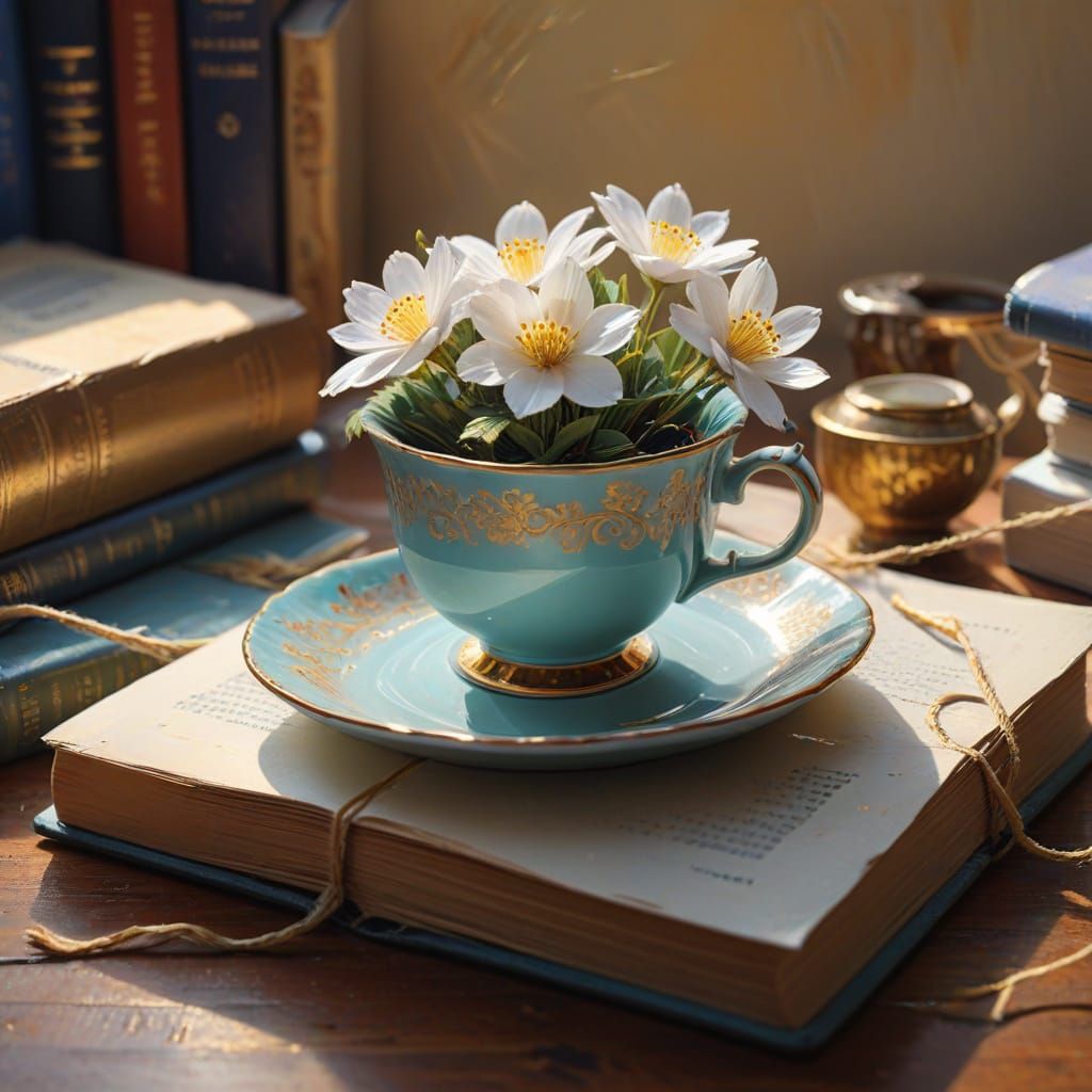 Gouache Still Life: Teacup, Book, and Flower in Pastel Color...