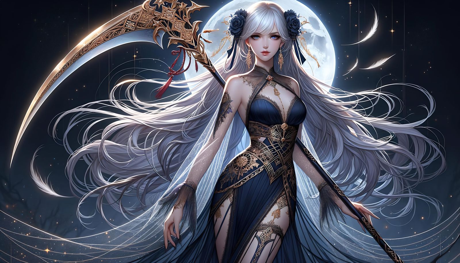Confident Woman with Scythe and Moonlit Sky