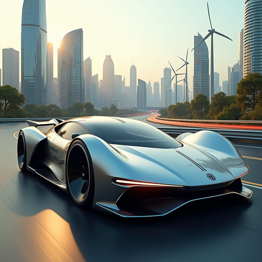 Futuristic Electric Car in Sustainable Cityscape, 3D Render