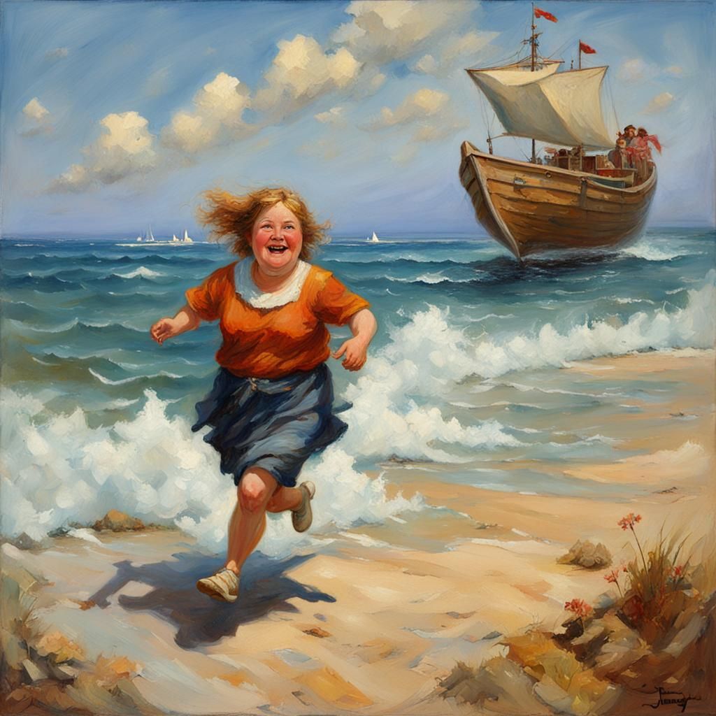 Fat Woman Runs in Fantasy Sea, Oil Painting Style