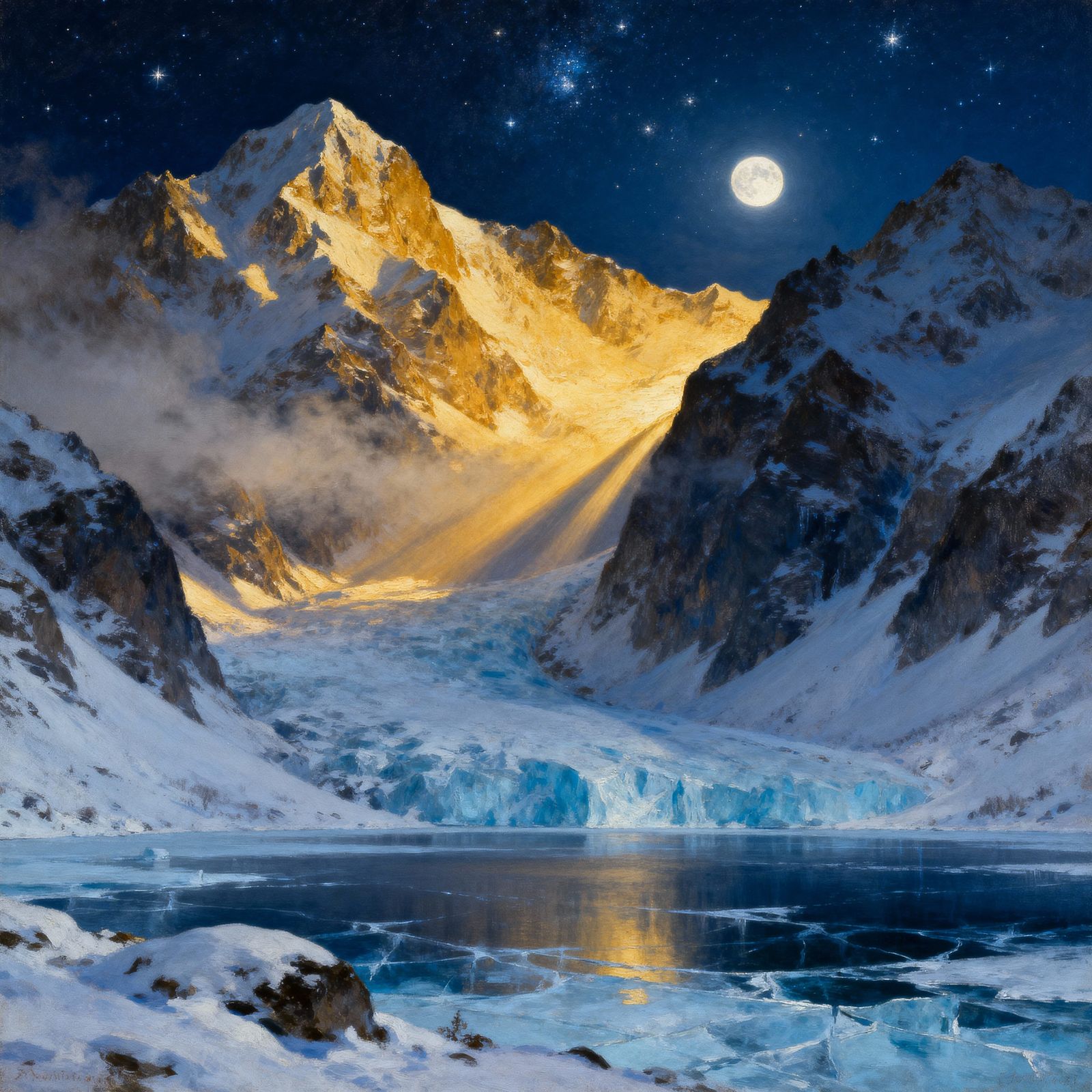 Radiant Winter Mountain Pass Under Starry Sky