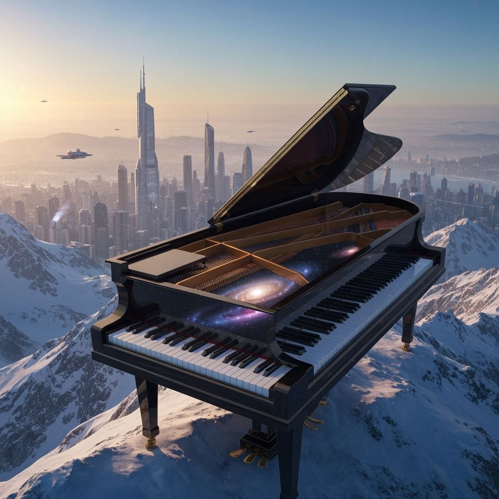Glass Piano Overlooking Futuristic Cityscape as Digital Art