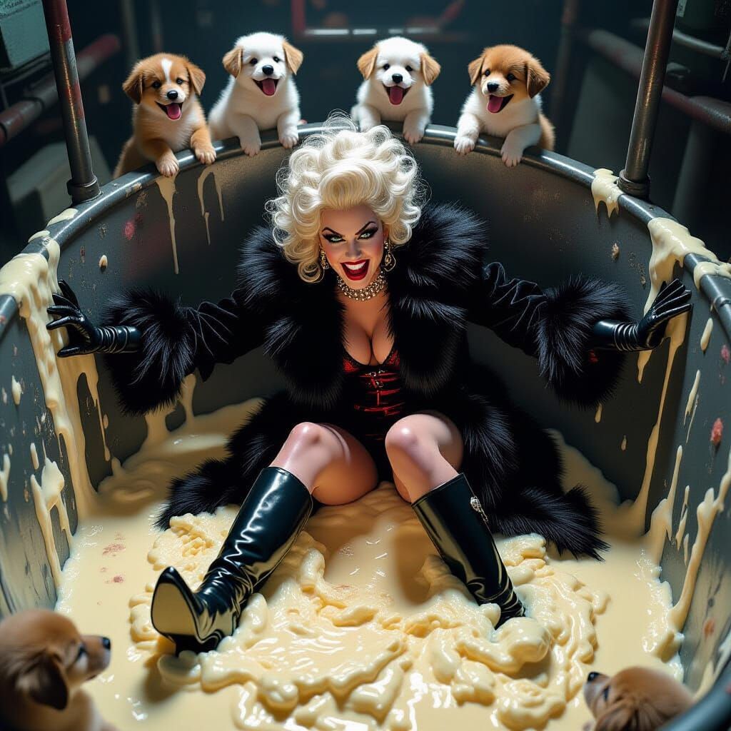 Cruella's Cake Catastrophe: Hyperrealistic Factory Scene